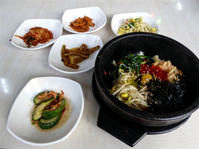 2nd night - Bibimbap, rice and vegetables in a hot earthenware bowl