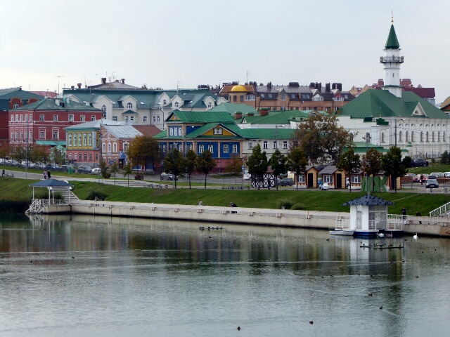 In Tatar Kazan, the wooden houses are brightly painted